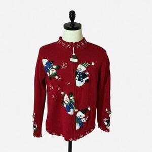 Tiara‎ International Christmas Snowman Knit Zip Up Sweater Holiday
